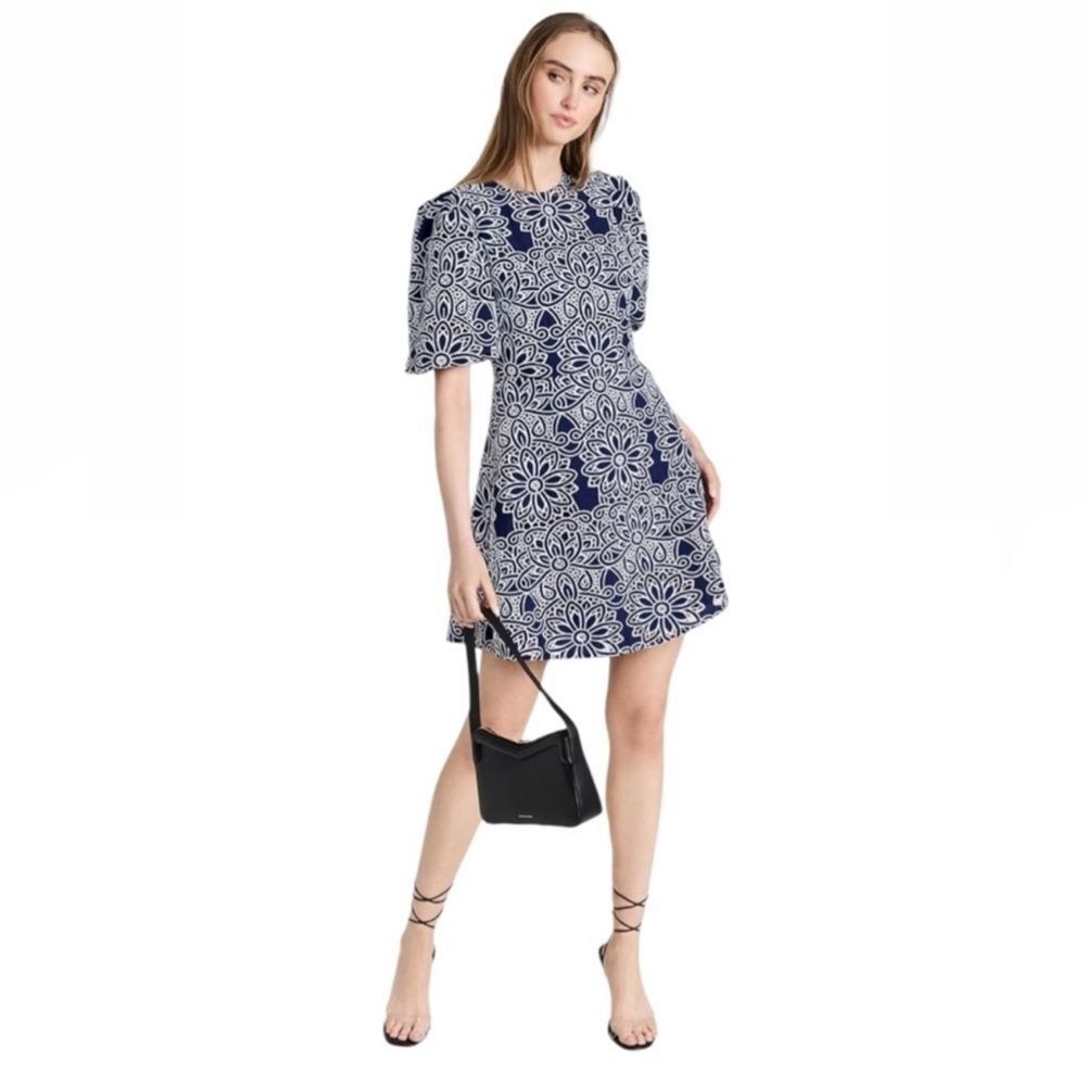 SHOSHANNA Trace Mini Short Dress Navy/Optic White Puff Sleeve Fit Flare Size 4